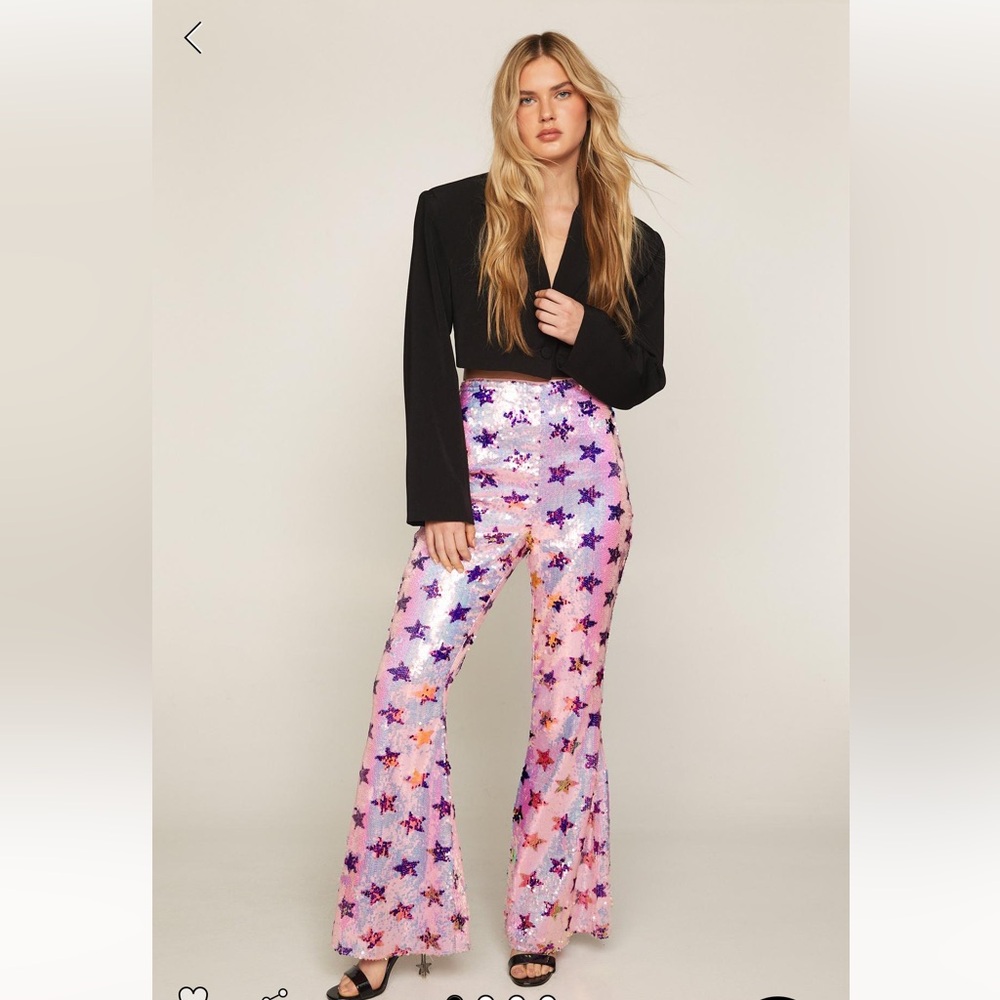 Nasty Gal Pink Purple Star Sequin Star HighRise Party Flare Pants US6 - Picture 13 of 13